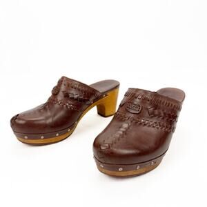UGG Brown Leather Wood Heel Platform Clog Sheep Fur Lined Slip On Shoes 7 Boho